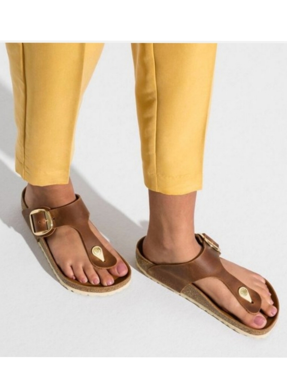 Birkenstock Gizeh Big Buckle Cognac Brown Leather Thong Sandals Women Sz 7 / 38